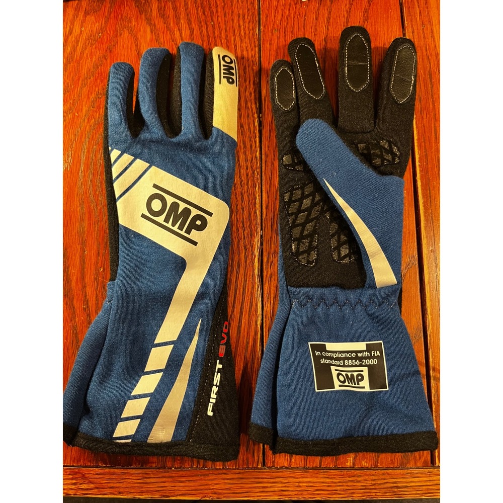OMP First Evo Racing Gloves Blue Black FIA 8856-2000 Size Small 9 Made in Italy
